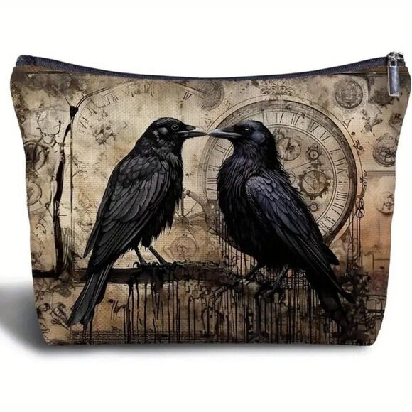 Vintage Black Crow Design with Roman Numerals Gothic Raven Couple Makeup Bag - Picture 1 of 2